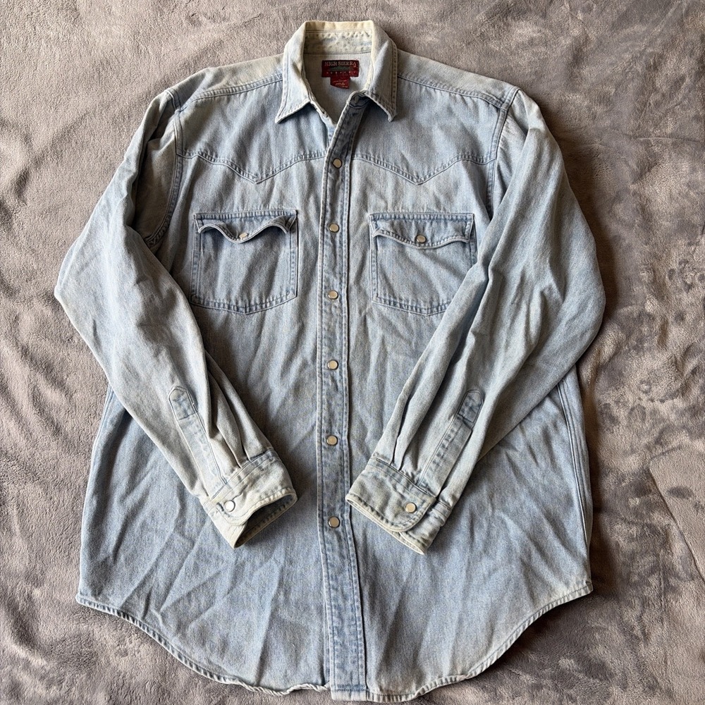Vtg High Sierra Shirt Mens M Blue Denim Long Sleeve Button‎ Up Pockets Pearl